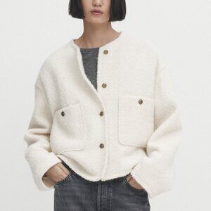 Massimo Dutti Drop Shoulder Textured Gold Button Jacket